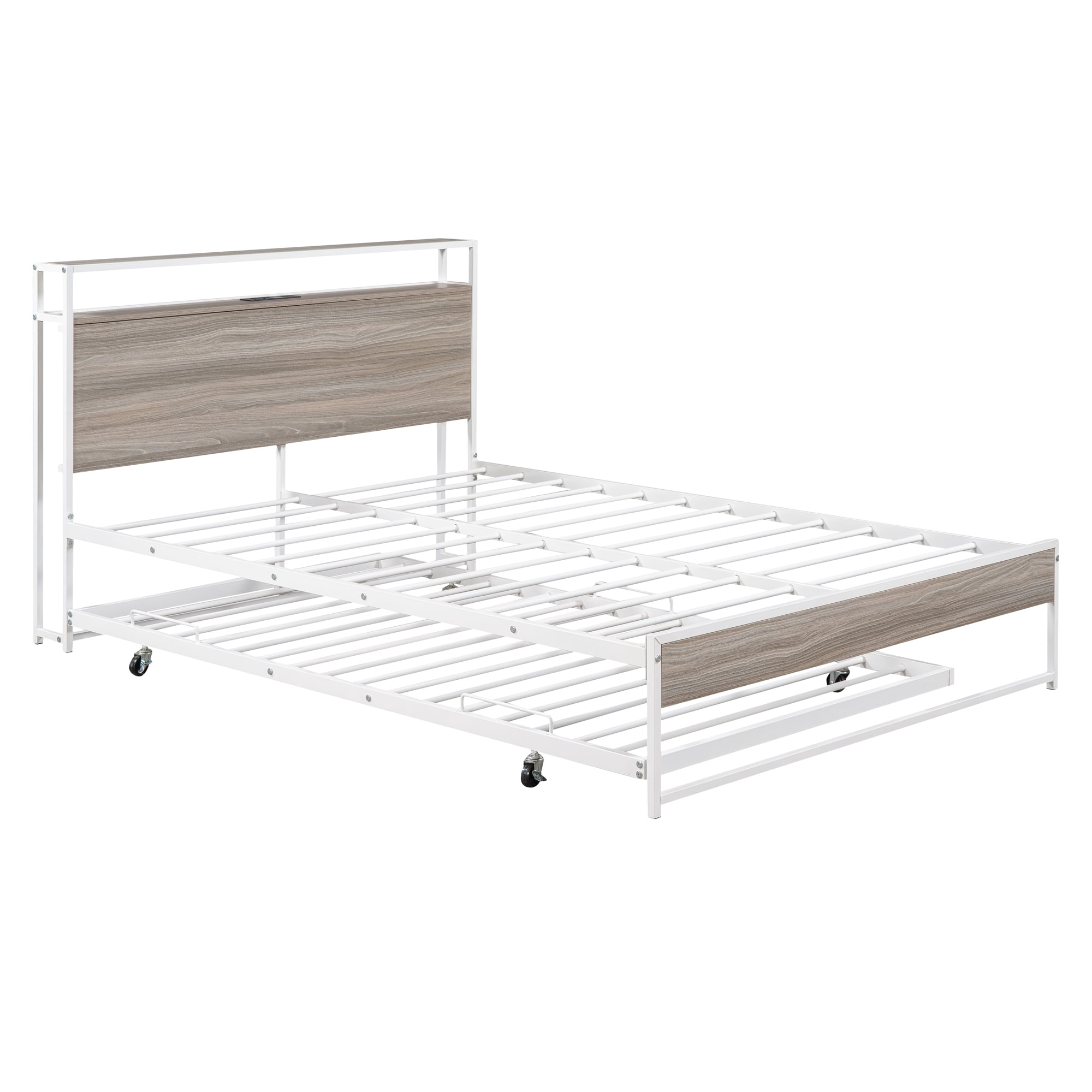 Metal Full Size Platform Bed Frame With Trundle, USB Ports And Slat Support 4 Metal Full Size Platform Bed Frame With Trundle, USB Ports And Slat Support