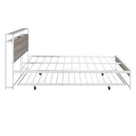 Metal Queen Size Platform Bed Frame With Trundle, USB Ports And Slat Support