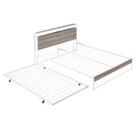 Metal Queen Size Platform Bed Frame With Trundle, USB Ports And Slat Support