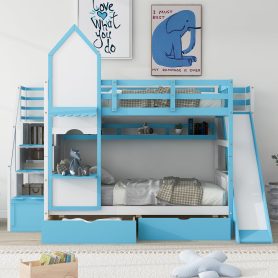 Castle Style Full over Full Bunk Bed With 2 Drawers 3 Shelves And Slide