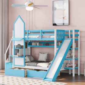 Castle Style Twin over Twin Bunk Bed With 2 Drawers 3 Shelves And Slide