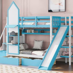 Castle Style Twin over Twin Bunk Bed With 2 Drawers 3 Shelves And Slide