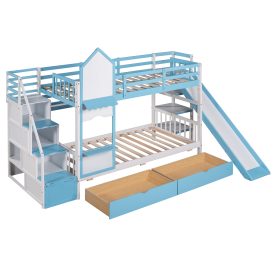 Castle Style Twin over Twin Bunk Bed With 2 Drawers 3 Shelves And Slide