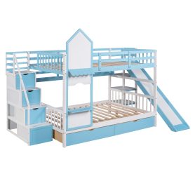 Castle Style Full over Full Bunk Bed With 2 Drawers 3 Shelves And Slide
