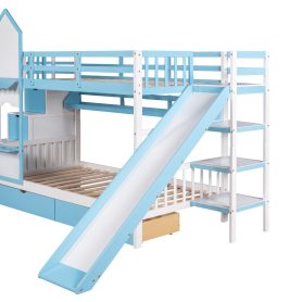 Castle Style Twin over Twin Bunk Bed With 2 Drawers 3 Shelves And Slide