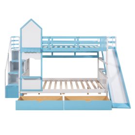 Castle Style Full over Full Bunk Bed With 2 Drawers 3 Shelves And Slide