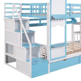 Castle Style Twin over Twin Bunk Bed With 2 Drawers 3 Shelves And Slide