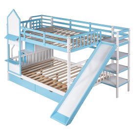 Castle Style Full over Full Bunk Bed With 2 Drawers 3 Shelves And Slide