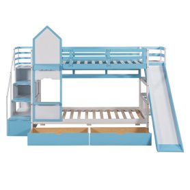 Castle Style Twin over Twin Bunk Bed With 2 Drawers 3 Shelves And Slide