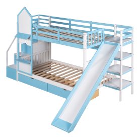 Castle Style Twin over Twin Bunk Bed With 2 Drawers 3 Shelves And Slide