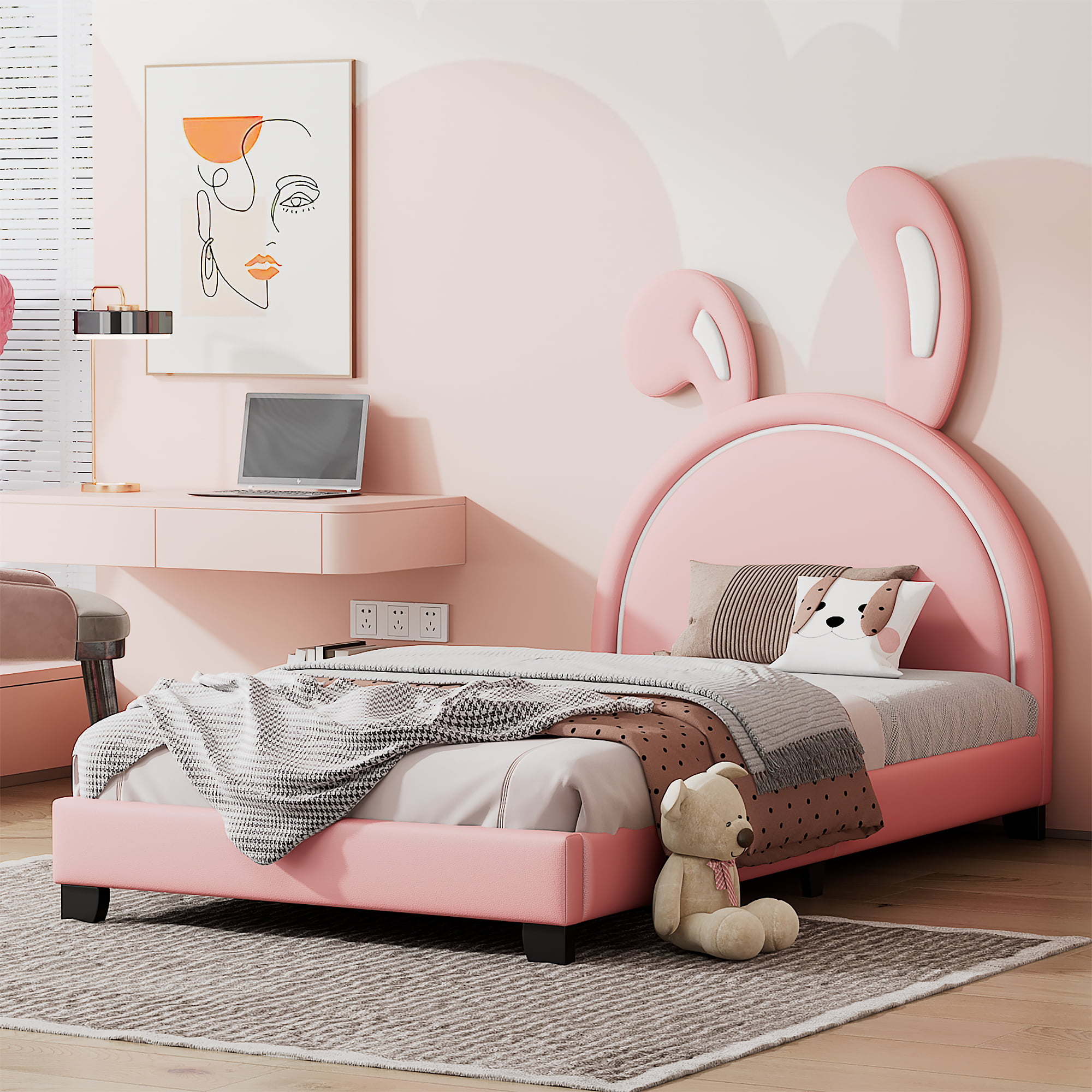 Bunny Ears Twin Size Upholstered Leather Platform Bed