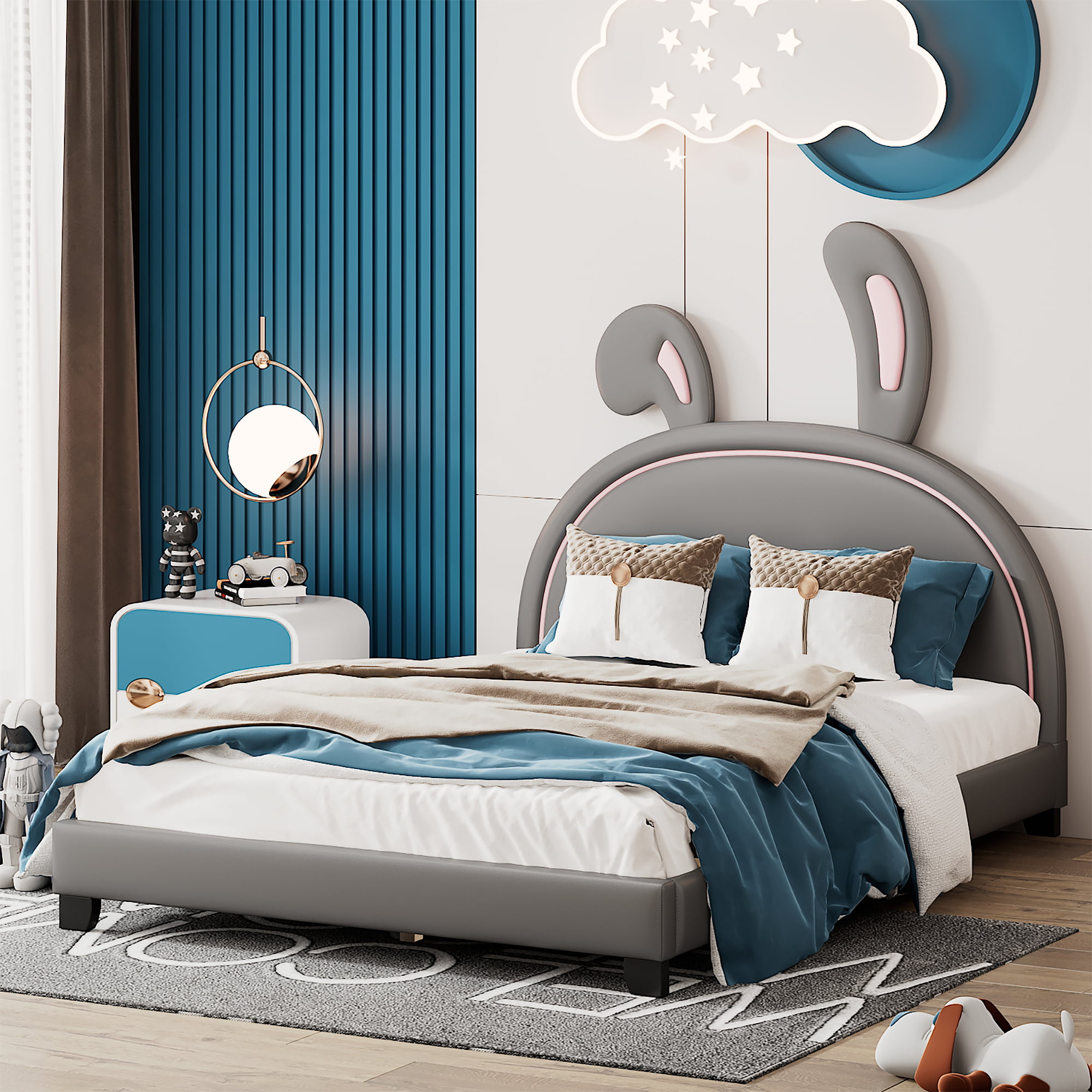 Bunny Ears Full Size Upholstered Leather Platform Bed