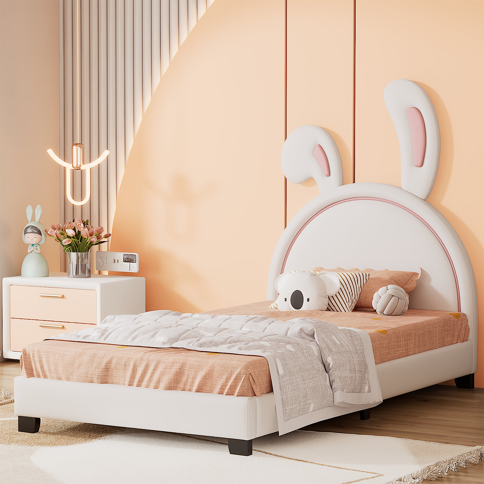 Bunny Ears Twin Size Upholstered Leather Platform Bed