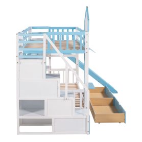 Castle Style Twin over Twin Bunk Bed With 2 Drawers 3 Shelves And Slide