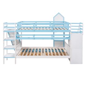 Castle Style Full over Full Bunk Bed With 2 Drawers 3 Shelves And Slide