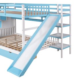 Castle Style Full over Full Bunk Bed With 2 Drawers 3 Shelves And Slide