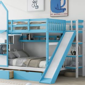 Castle Style Full over Full Bunk Bed With 2 Drawers 3 Shelves And Slide