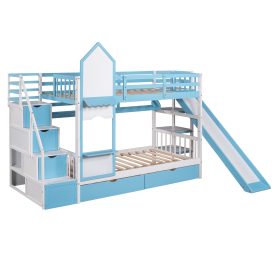 Castle Style Twin over Twin Bunk Bed With 2 Drawers 3 Shelves And Slide