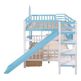 Castle Style Full over Full Bunk Bed With 2 Drawers 3 Shelves And Slide