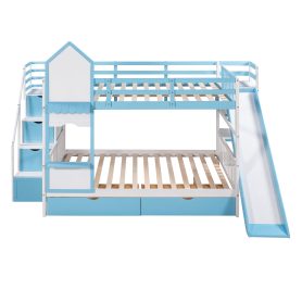 Castle Style Full over Full Bunk Bed With 2 Drawers 3 Shelves And Slide