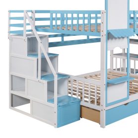 Castle Style Full over Full Bunk Bed With 2 Drawers 3 Shelves And Slide