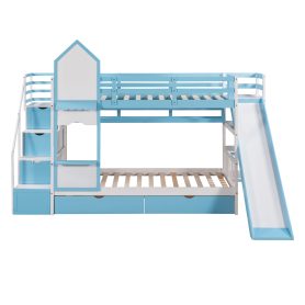 Castle Style Twin over Twin Bunk Bed With 2 Drawers 3 Shelves And Slide