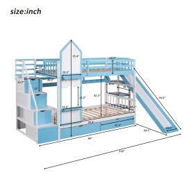 Castle Style Twin over Twin Bunk Bed With 2 Drawers 3 Shelves And Slide