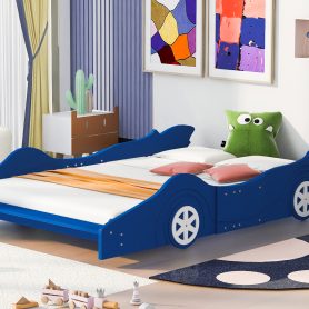 Race Car Shaped Full Size Platform Bed With Four Wheels