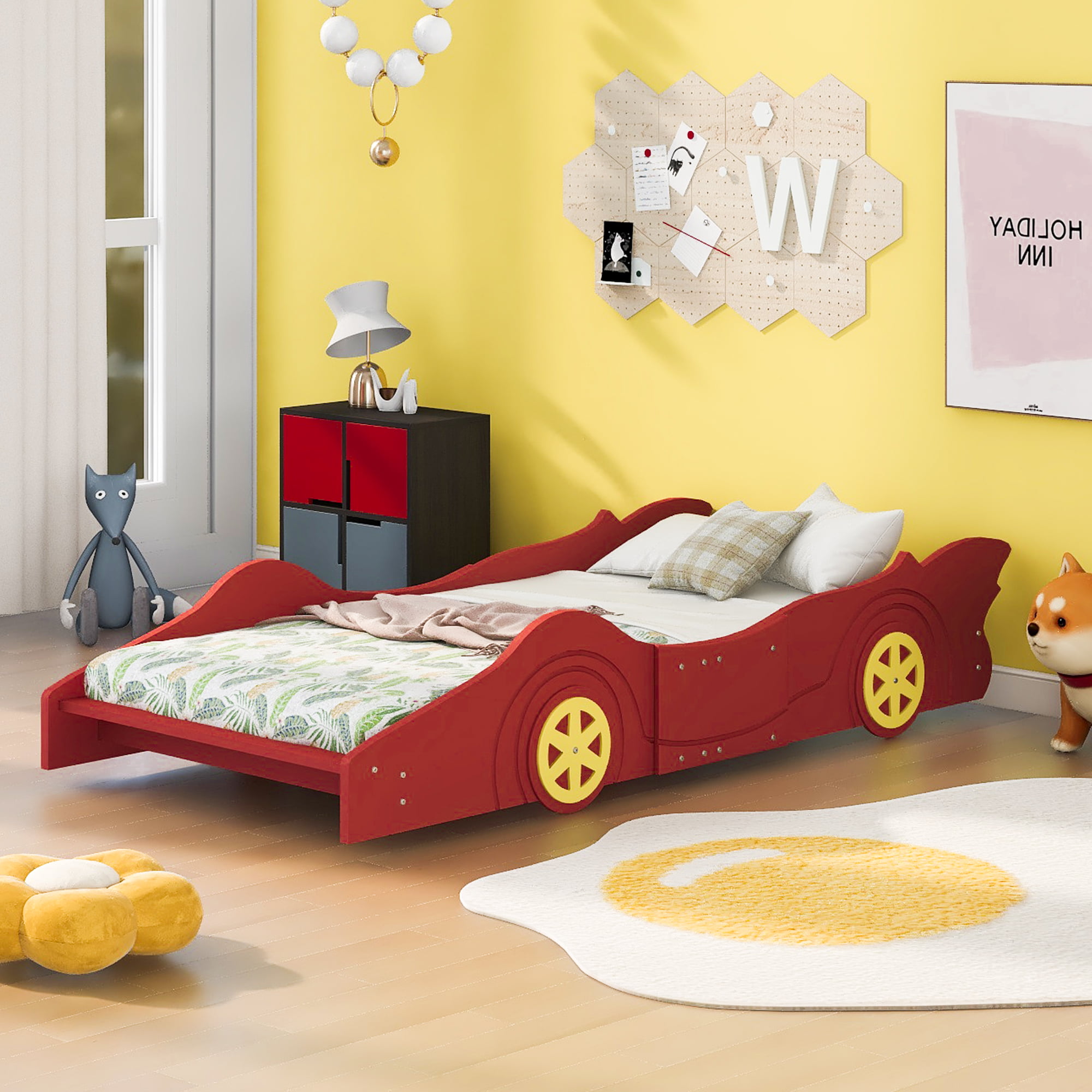 Race Car Shaped Twin Size Platform Bed With Four Wheels