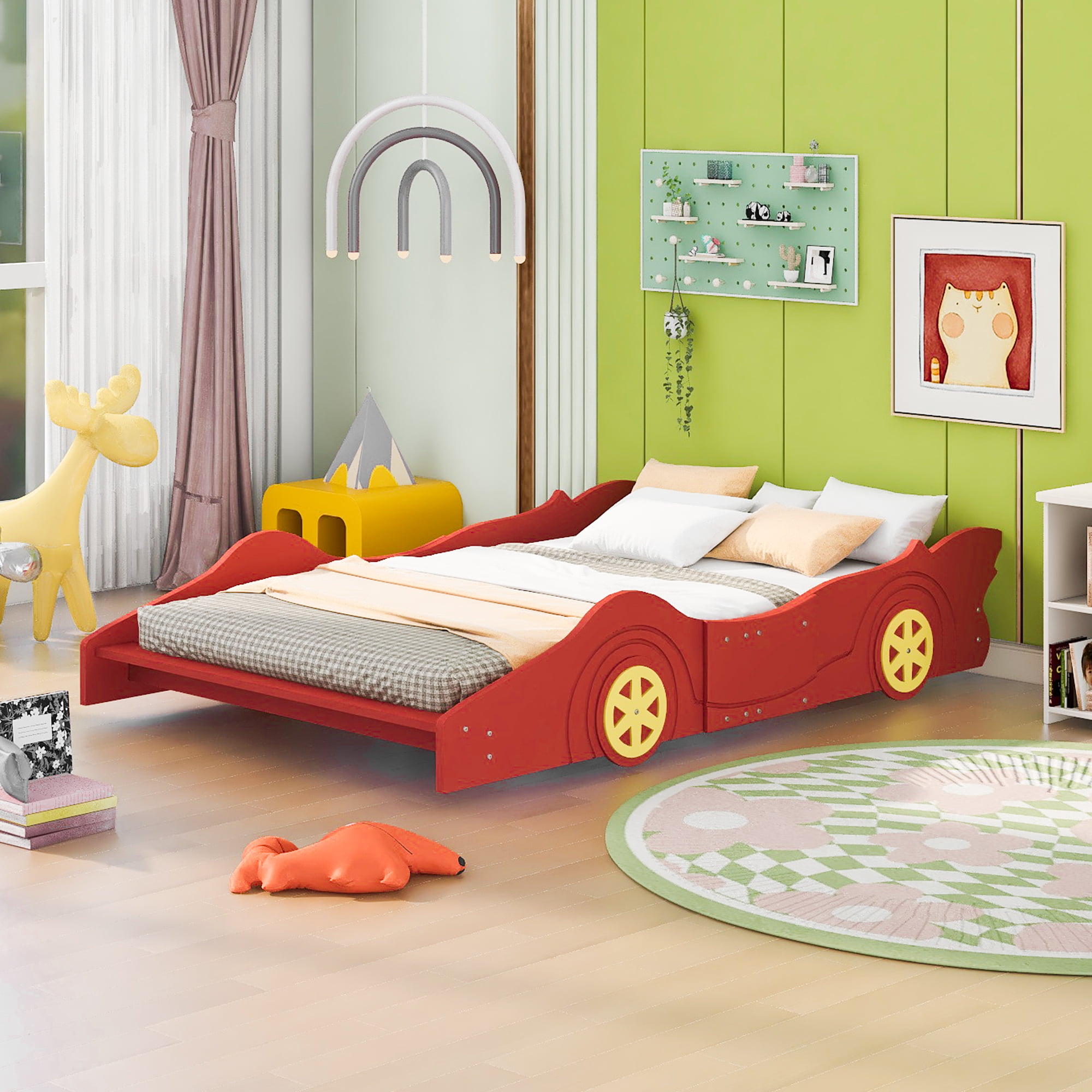 Race Car Shaped Full Size Platform Bed With Four Wheels