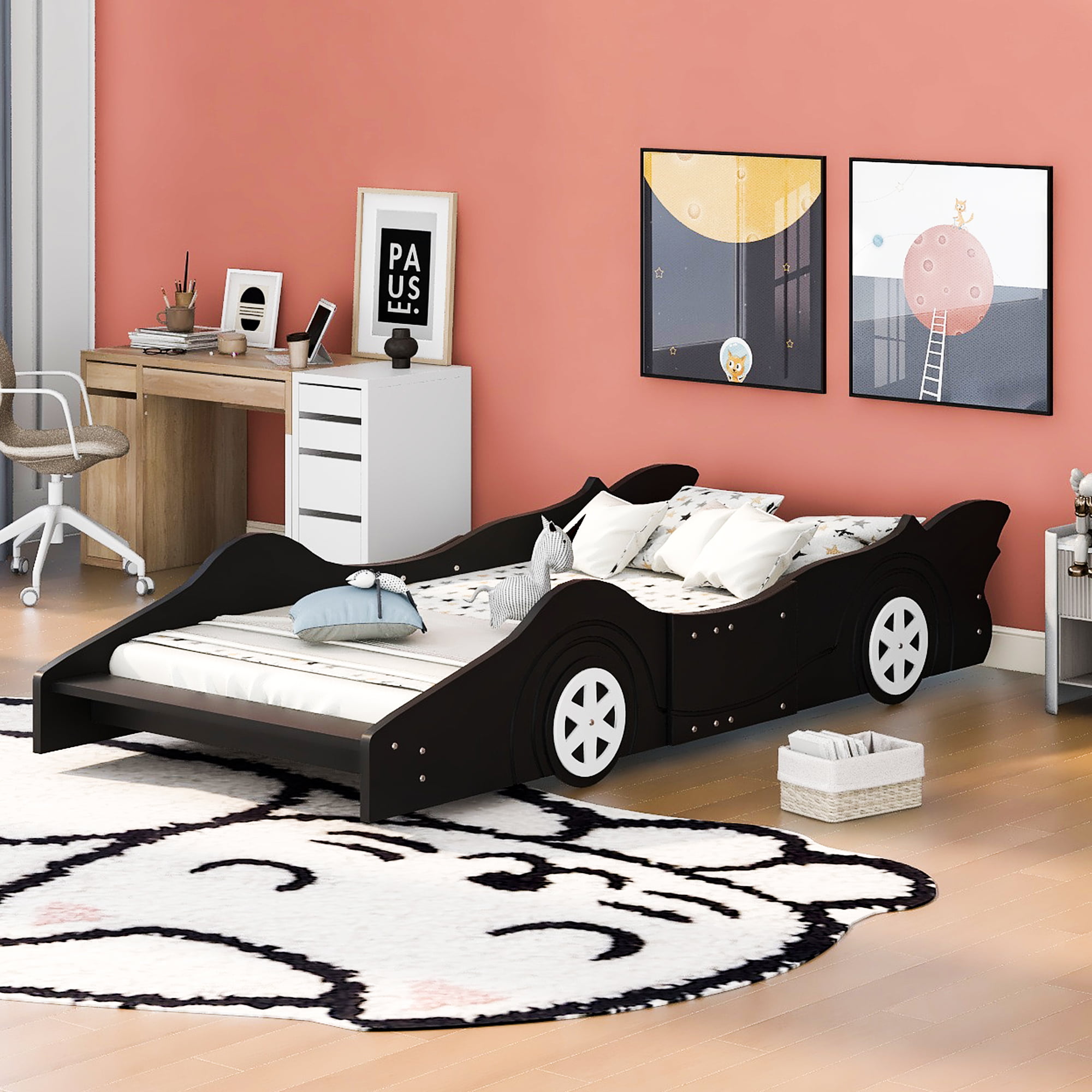 Race Car Shaped Twin Size Platform Bed With Four Wheels