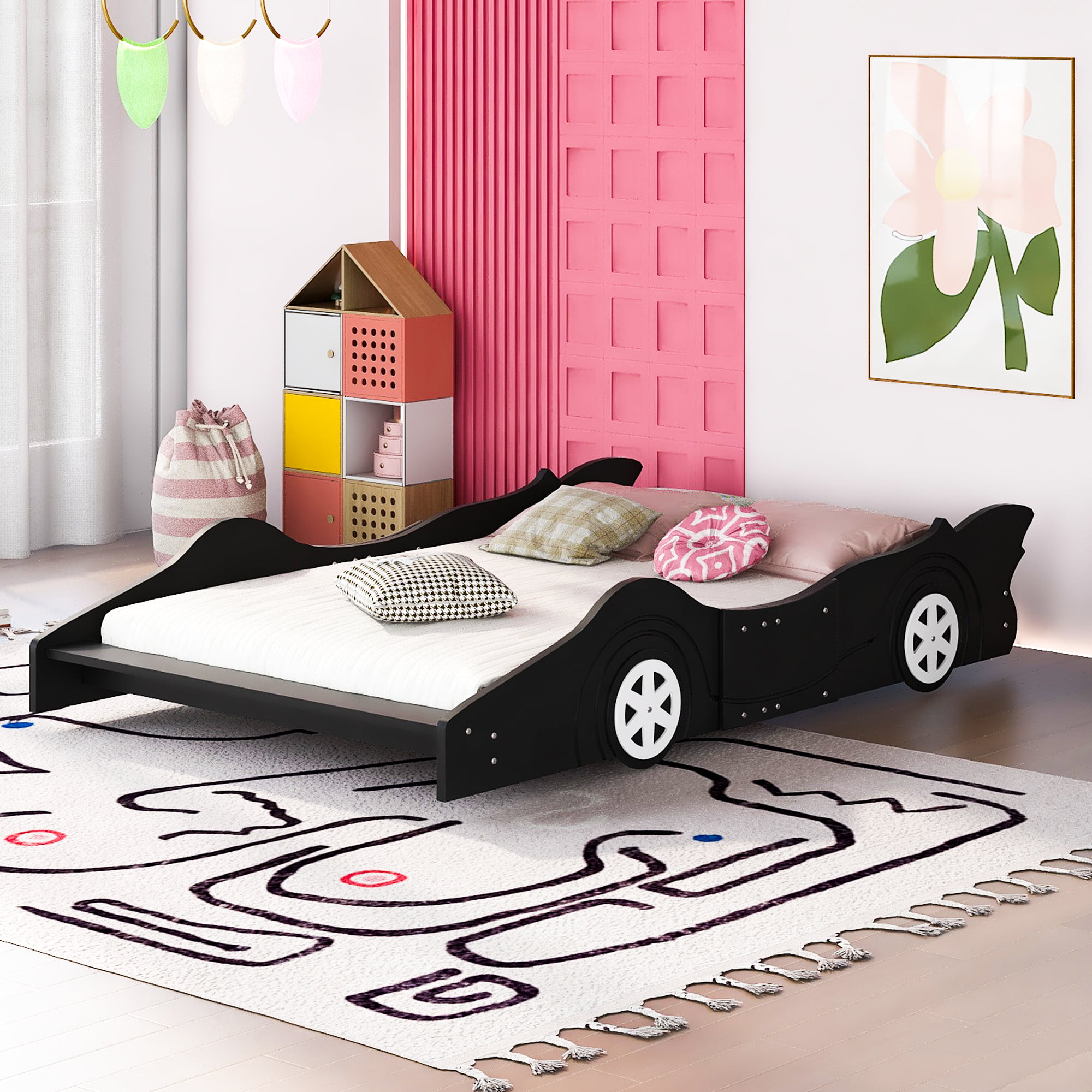 Race Car Shaped Full Size Platform Bed With Four Wheels