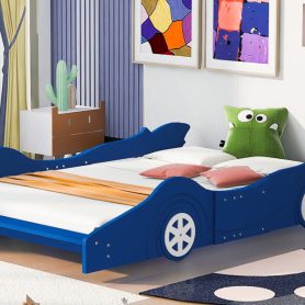 Race Car Shaped Full Size Platform Bed With Four Wheels