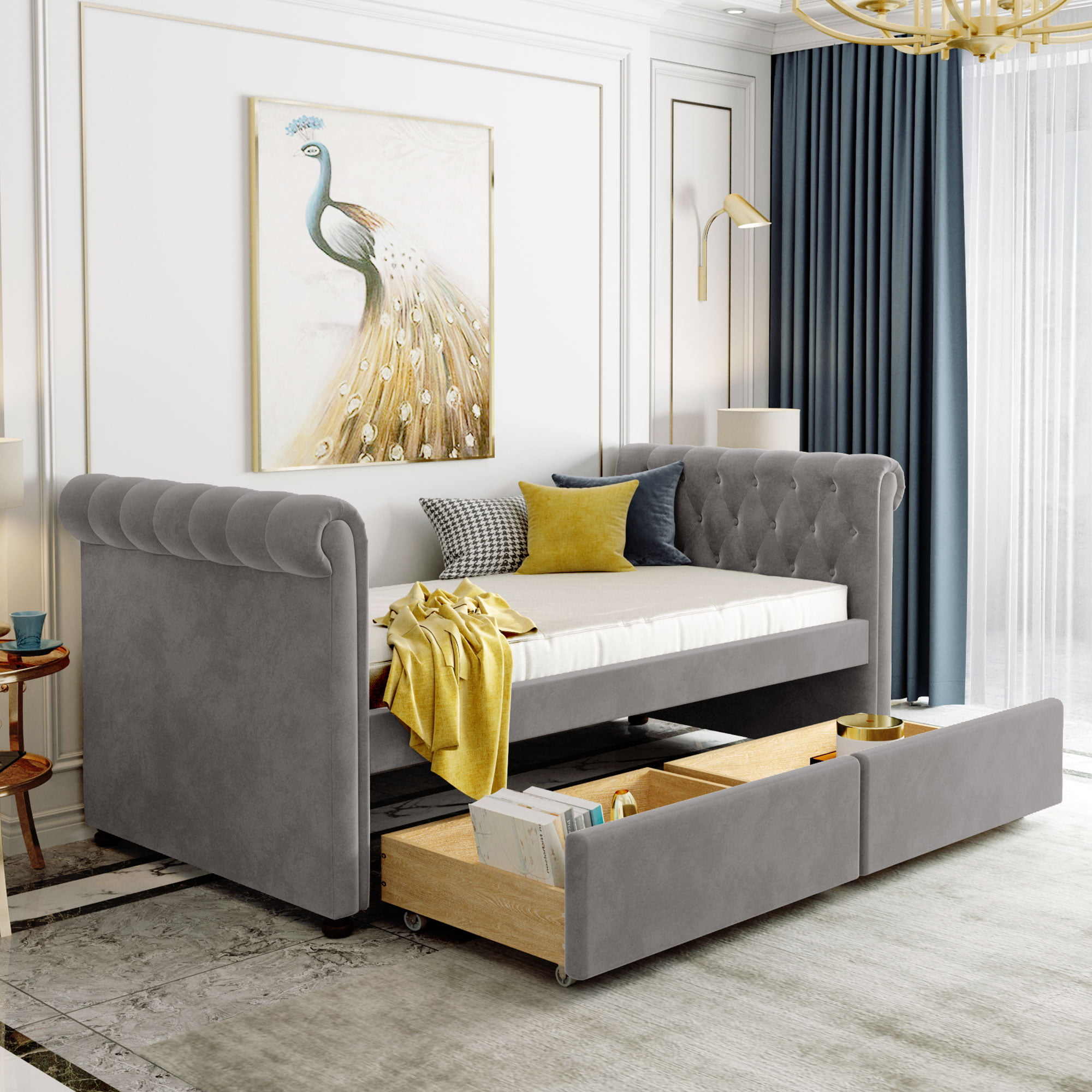 Upholstered Twin Size Daybed With Drawers