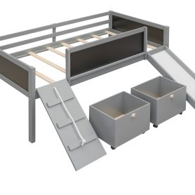 Wood Twin Size Loft Bed With Two Storage Boxes