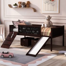 Twin Size Loft Bed Wood Bed With Two Storage Boxes
