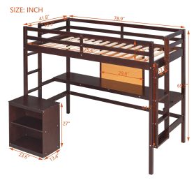 Wooden Twin Size Loft Bed With Desk, Writing Board and Cabinet