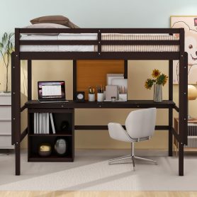 Wooden Twin Size Loft Bed With Desk, Writing Board and Cabinet