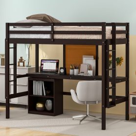 Wooden Twin Size Loft Bed With Desk, Writing Board and Cabinet