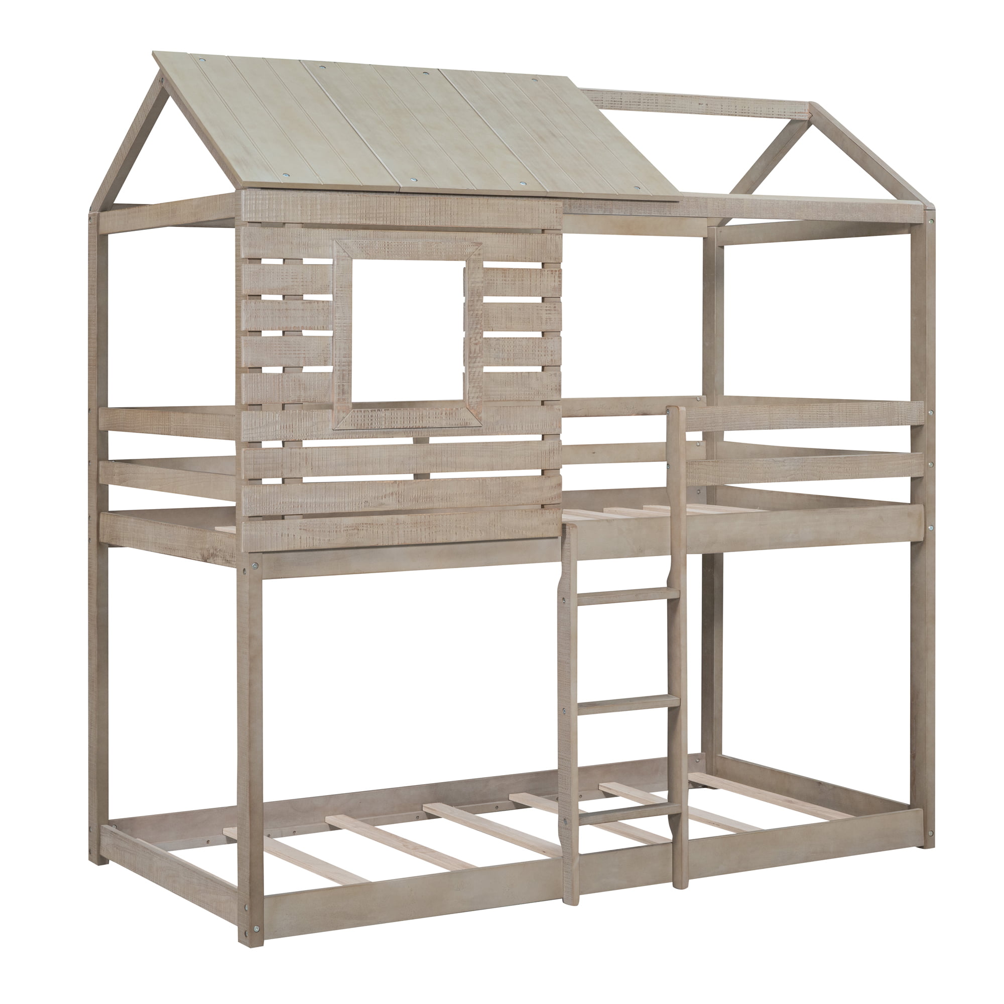 Wood Twin Over Twin Bunk Bed With Roof, Window, Guardrail, and Ladder