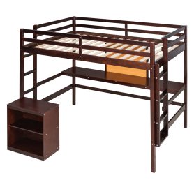 Wooden Twin Size Loft Bed With Desk, Writing Board and Cabinet