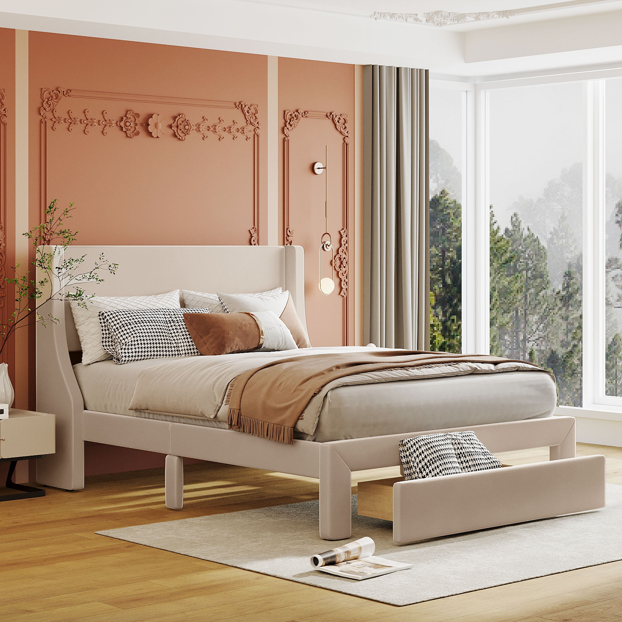 Velvet Upholstered Full Size Storage Bed With A Big Drawer