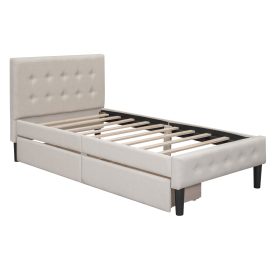 Upholstered Twin Size Platform Bed With 2 Drawers