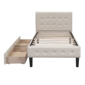 Upholstered Twin Size Platform Bed With 2 Drawers