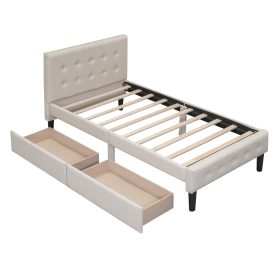 Upholstered Twin Size Platform Bed With 2 Drawers