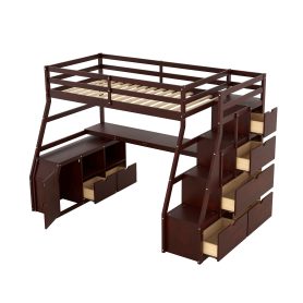Twin Size Loft Bed With 7 Drawers, 2 Shelves And Desk
