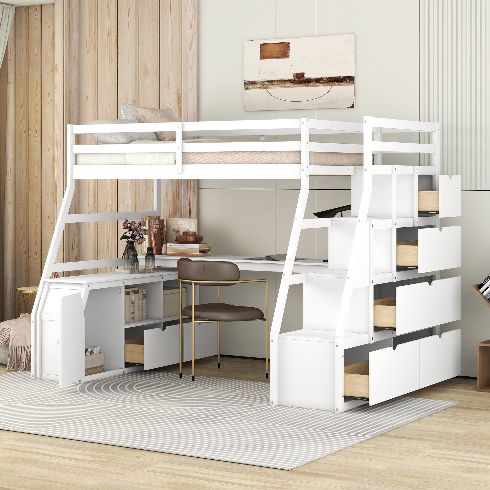 Twin Size Loft Bed With 7 Drawers, 2 Shelves And Desk