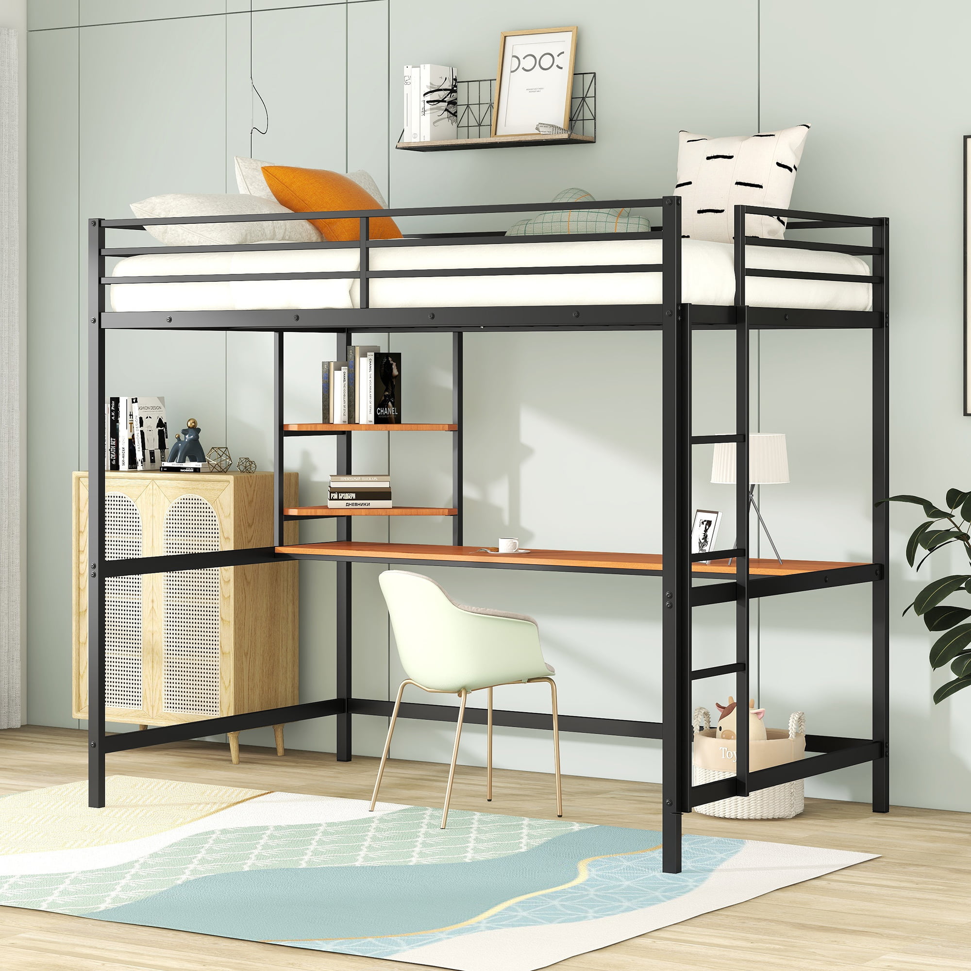 Metal Full Loft Bed With Desk And Shelve