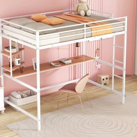 Metal Full Loft Bed With Desk And Shelve