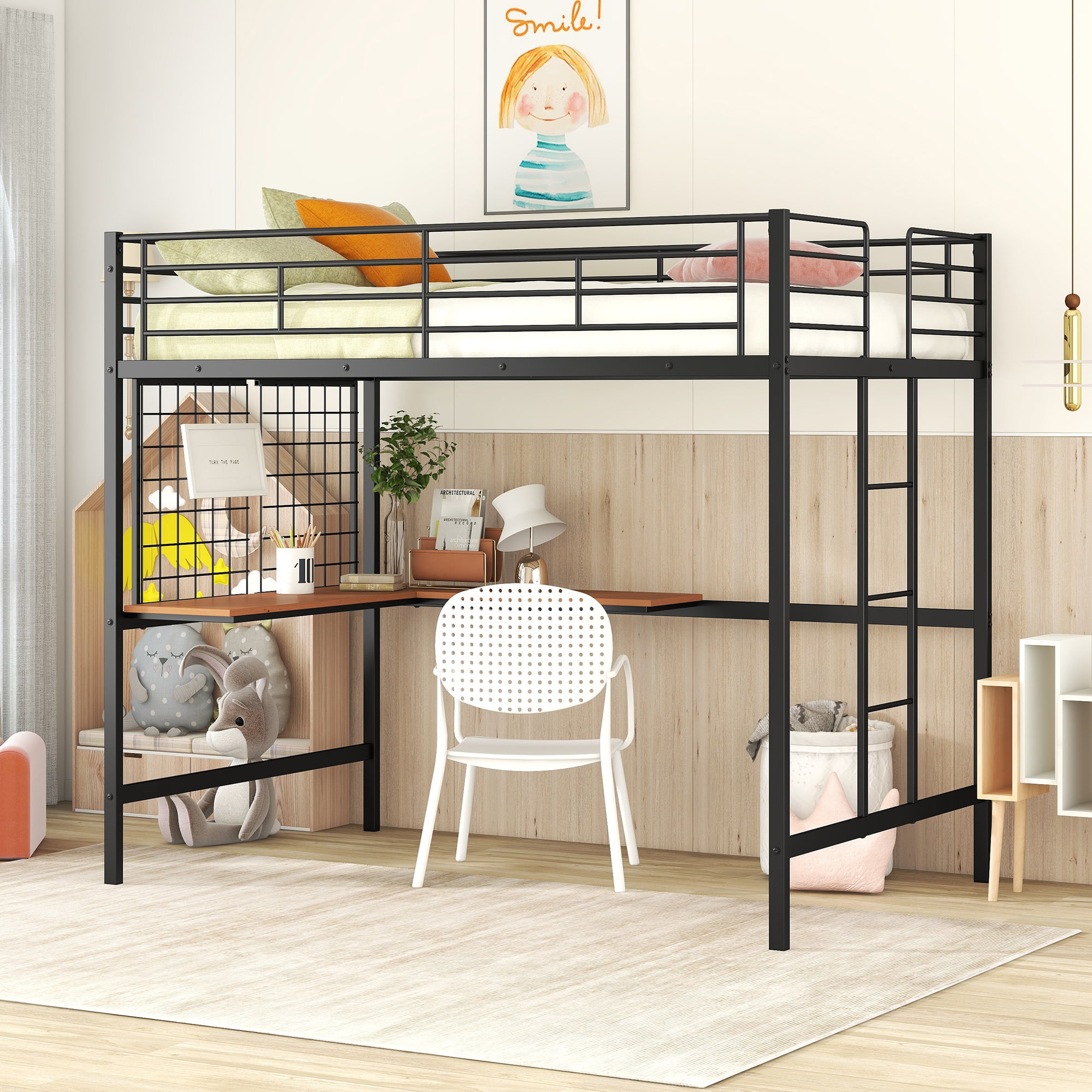 Metal Full Loft Bed With Desk And Metal Grid